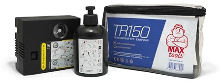 MAXTOOLS TR150, Kit Fácil de Reparación de Neumáticos de Coche, También Apto para Motos y Vehículos Comerciales Pequeños, Incluye Potente Compresor de Aire de 12V