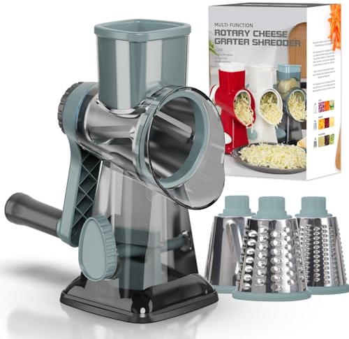 Cheese Grater Cheese Shredder with 3 Interchangeable Blades, Rotary Cheese Grater Manual Vegetable Slicer with Non-slip Suction Base Peanut Nuts Grinder Vegetable Shredder Clear