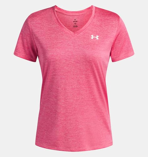 Under Armour Tech Manches Courtes col en V-Twist, T-Shirt Femme col V Confortable et au séchage Rapide, T-Shirt de Sport Respirant, Femmes, Super Pink/White, L, Super Pink/White, MD