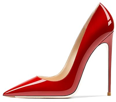 Qunvngutui Women's Pointed Toe Shallow Stiletto Heels 4.7 Inch Pumps Wedding Party Banquet Shoes, Red, 6 UK