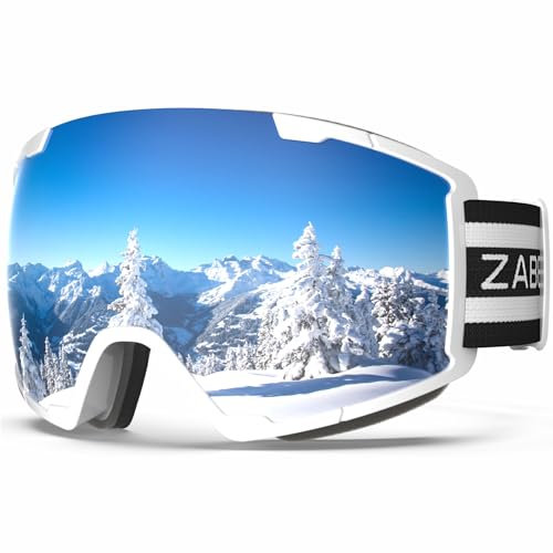 ZABERT Skibrille für Damen Frauen Herren Erwachsene Männer Kinder 10 11 12 13 Jahre, Brillenträger Ski Snowboard Brille Schneebrille Snowboardbrille, Weiß Verspiegelt Silber