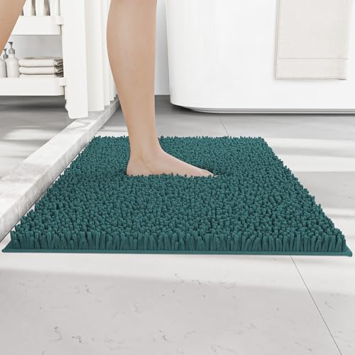RUN HELIX Non Slip Chenille Bath Mat, Versatile Soft Bathroom Mat & Shower Mat, Machine Washable Absorbent Bath Mats for Bathroom, Living Room, Kitchen, Bedroom & Indoor Scenes, 50x80cm, Dark Green