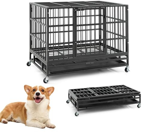 GOPLUS Cage pour Chien Pliable en Métal avec 4 Roues Universelles, 96 x 65 x 77CM, Chenil pour Chien Extérieur avec Double Portes Verrouillables, Plateau Coulissant Amovible, pour Intérieur Extérieur