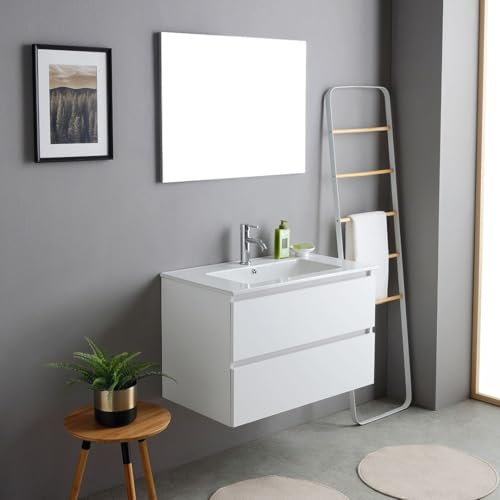 Kiamami Valentina - Mobile Bagno Sospeso 80cm | Lavabo in Ceramica con Foro Troppopieno | Specchio 80x60cm incluso | 2 Cassetti Apertura a Gola | Legno Nobilitato Bianco Effetto Legno già assemblato