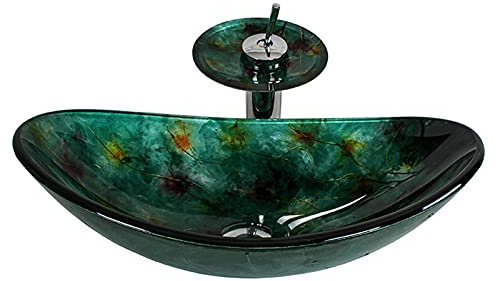 XFZJCHAP Green Bathroom Vessel Sink, Oval Tempered Glass Vanity Vessel Sink, Above Counter Wash Basin with Pop-Up Drain and Accessories