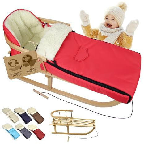 Kombi-erbjudande [träsläde universell vinteråkpåse 108 cm] kälke med ryggstöd och dragrep, fotsäck, lämplig för babystol, barnvagn, buggy med lammull (röd (108 cm))
