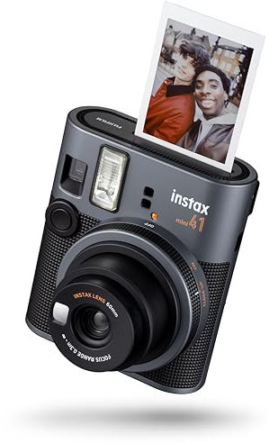 instax mini 41, fotocamera istantanea, facilità d'uso con esposizione automatica, flash integrato, obiettivo selfie e modalità close-up, design classico.