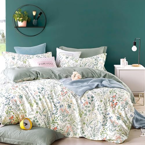 LEMIROE 100% Cotton Floral Duvet Cover Queen Size 3PC - Botanical Wildflower Pattern with Soft Pestel Accents on White, Dusty Green Reverse, Neutral Bedding Set with Button Closure(Queen, 90×90)