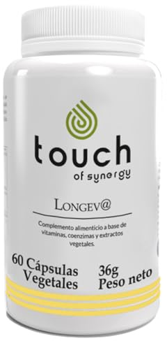 Touch of Synergy - Longev@ - Energía y vitalidad. Antienvejecimiento celular con NADH, Trans-Resveratrol, Coenzima Q10, Ashwagandha, Vitamina C y Ácido Fólico. Salud cerebral cognitiva - 60 Cápsulas.