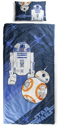 Jay Franco Sac de Couchage droïdes Star Wars avec Oreiller intégré, Ensemble Couverture et Oreiller, Tapis de Sieste avec poignée de Transport, 2 pièces