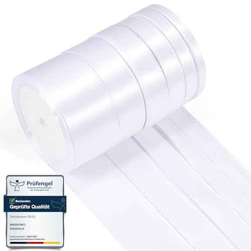 ihaspoko 6 Sizes Wide Satin Ribbon – 6 White Polyester Satin Ribbon, 22 m Gift Ribbon for Gift Wrapping, Weddings, Crafts