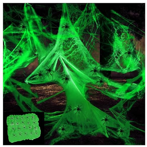 HASAIKA® Decoración de Halloween Telaraña, 200g de telaraña Decorativa y 20 arañas Negras, Adecuado para la decoración de Fiestas de Halloween en Interiores y Exteriores (Verde)