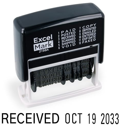 ExcelMark 12 Phrase Self-Inking Date Stamp - Black Ink