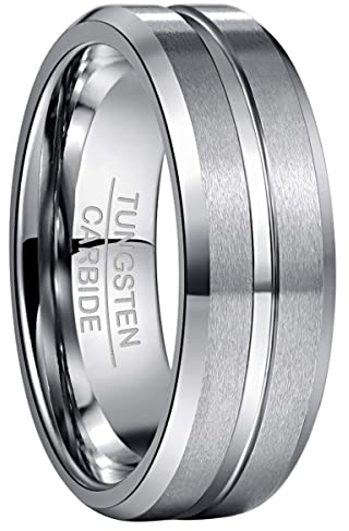 NUNCAD Men's Rings Silver 8mm Tungsten Wedding Ring for Men Simple Band Ring with Center Groove Beveled Edges Size Z+1