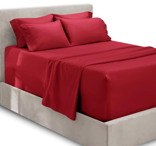 Hearth & Harbor Extra Deep Pocket Sheets - Fits Mattress 18-24 Inches Deep - Extra Deep Pocket King Size Sheets Sets - 6 Piece King Size Sheets - King Sheets Deep Pocket - Burgundy Sheets