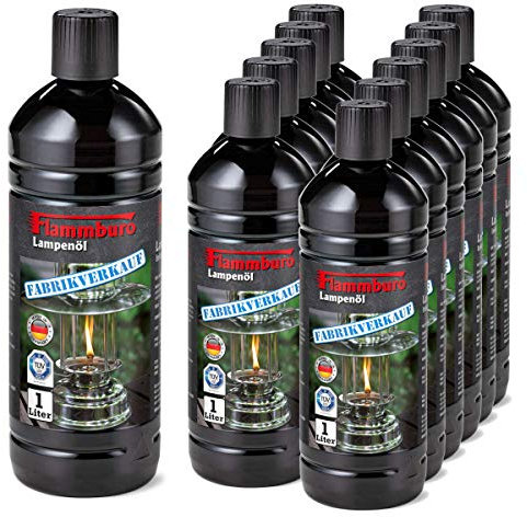 FLAMMBURO (12 Flaschen) Lampenöl 1000 ml Flaschen für Öllampen vom deutschen Hersteller, Petroleumlampen, Fackeln, Gartenfackeln, Lampenöl für Fackeln Made in Germany - 12 x 1 Liter = 12 Liter
