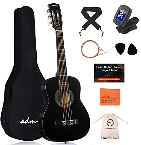 ADM 1/4 Kindergitarre Junior-Konzertgitarre für Anfänger mit Clip-Stimmgerät, Tasche, Gurt, Zusätzlichen Saiten und Plektren, Schwarz