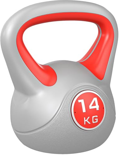 SPORTNOW Palestra Kettlebell 14kg in PU e Sabbia con Base Piatta e Impugnatura pratica per Stacchi, Squat e Sollevamenti, 26x18x32 cm, Rosso