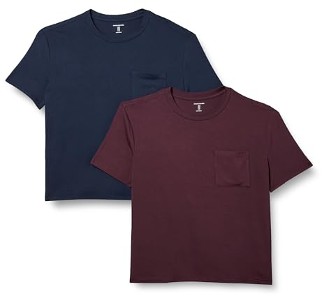Amazon Essentials Women's Jersey Relaxed-Fit Short-Sleeve Crewneck Pocket T-Shirt, Pack of 2, Burgundy/Navy, S