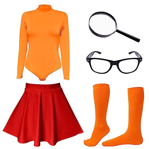 ATAMET Halloween Costume for Women,Sexy Long Sleeve Leotard Turtleneck Tops Bodysuit,Skater Skirt,Magnifying Glass,Socks and Glasses (Orange&Red, Small)
