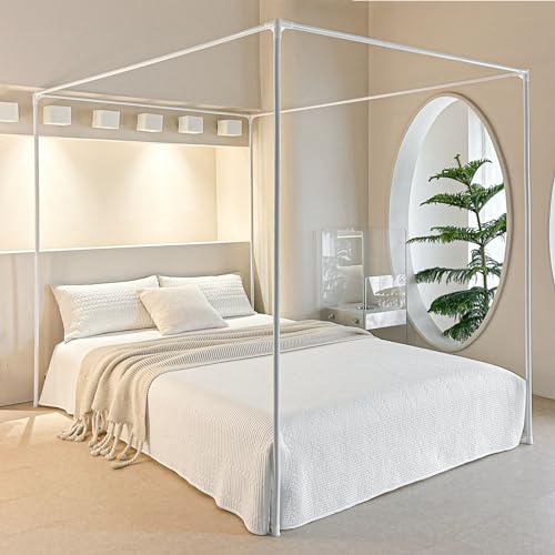 AIKASY Premium Canopy Bed Frame Posts for Queen Size Beds - Sturdy Metal Poles, Four Corner Bed Brackets - Perfect Addition to Metal and Wood Bed Frames for Bedroom Decor Upgrade (White)