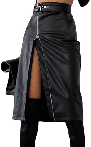 Gonna in Ecopelle da Donna Longuette Divisa Con Cerniera a Vita Alta, Club in Pelle PU a Tubino a Trapezio (Colore: Nero, Taglia: Small)