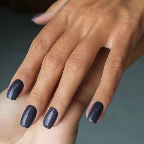 24 Pezzi Unghie Finte Corte Quadrate Lucide Tinta Unita French Press on Nails Naturali Copertura Completa Punte per Unghie Artificiali Adesive Unghie per Donna Ragazze (Blu Marino)