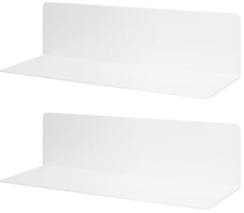FUNSUEI Juego de 2 Baldas de Pared Sin Agujeros de 40 cm, Color Blanco, Repisas de Acrílico de Baño Adhesivas, Baldas Flotantes de Acrílico, para Baño, Cocina, Salón
