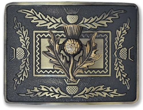 Kilt Emporium Scottish Thistle Crest Kilt Belt Buckle Premium Rust-Free Brass Traditional Celtic Highland Dress Accessory for Men Fits 2.5 Kilt Belts (Brass Antique-4 Thistles Badge)