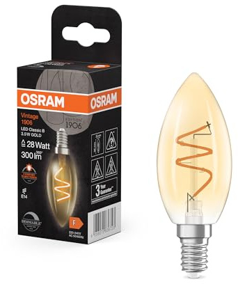 Osram Vintage 1906 Classic ist eine warmweiße, dimmbare LED-Lampe in Minikerzenform mit spiralförmigem Filament. Sie bietet 3.5 W, 300 lm, E14 Fassung, goldfarbenes Glas, 35 mm Durchmesser, 2200 K.
