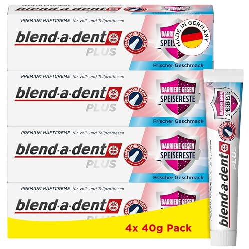 Blend-a-dent Plus Barriere Gegen Speisereste Premium Haftcreme Frisch, für Voll- und Teilprothesen, frischer Minzgeschmack, Made in Germany, 4x 40g Pack,Weiss