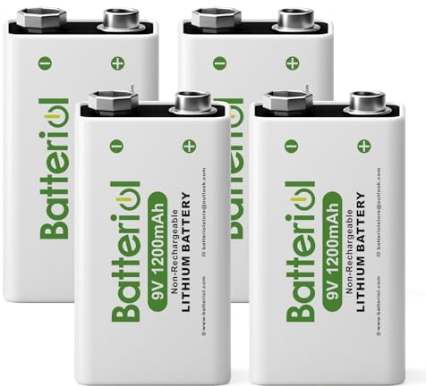 Batteriol 9V Lithium Batteries, 1200mAh Lithium 9 Volt Batteries, 10 Year Shelf Life, Long-Lasting Power for Smoke Detector, Microphone and Walkie Talkie, Non-Rechargeable 4 Pack
