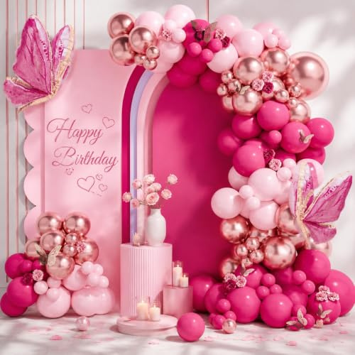 Hot Pink Balloons Arch Kit - 112pcs Pastel Pink Rose Gold Balloon Garland Arch Metallic Pink Balloons with butterflies for Girls Birthday Baby Shower Wedding Engagement Valentine Princess Theme Party