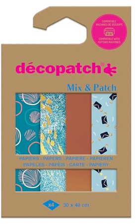 Décopatch DP042C - Une Pochette de 4 Feuilles Décopatch - Dimensions : 30 x 40 cm - Papier extra fin imprimé, bleu de toi- Mix & Patch - A partir de 5 ans, DIY, création, rénovation, activité créative