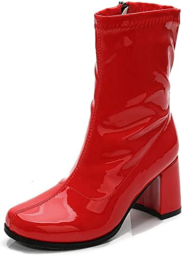 Women’s Go Go Ankle Boots – 1960s 1970s Retro Mod Patent Leather Mid Calf Boots, Chunky Low Block Heel, Side Zip Vintage Fashion Boots for Women, UK Size 3-8, Red Patent-6 UK
