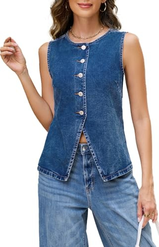 EZAPINE Women Denim Vest Button Down Denim Long Vest Top Sleeveless Jean Waistcoat Dark blue XL
