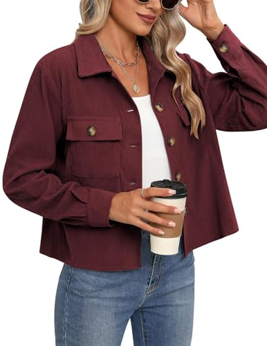 PADOLA Veste Femme Velours Côtelé Boutonnée Blouson Court avec Poches Printemps Automne Manteau Chic et Elegant Poitrine Vestes mi Saison Bombers Décontracté Jacket Coupe Vent (1 Bordeaux, M)