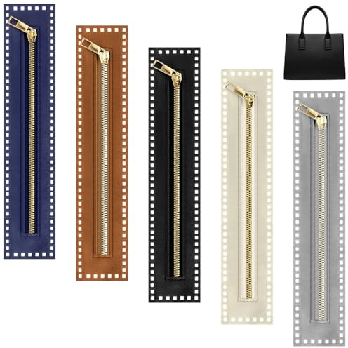 5 Pcs PU Leather Crochet Zipper 10.6 Inch Leather Sewing Zipper with Holes 5 Colors Handmade Bag Zippers Leathers Frame Bulk Metal Fastener for DIY Purse Handbag Sewing Handicraft Accessories