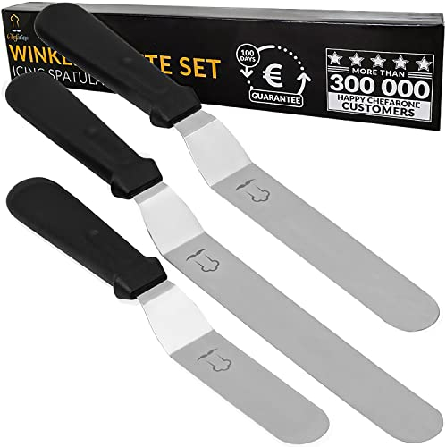 Chefarone Spatola per glassa - Spatole per Pasticceria per Dolci inclinate - Spatola Liscia in Acciaio Inox per glassare, Set 3 Pezzi (Nero)