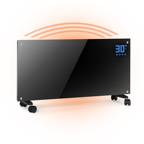 TRINITI Elektroheizung, Konvektor-Heizung mit Thermostat bis zu 2000W, Elegantes Gehärtetes Glas, Display LED, Timer, Schlanke Leise, Überroll und Überhitzungsschutz, Bodenrollen, Wandmontiert SCHWARZ