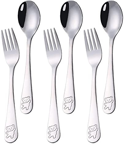 6 Stück Kinder Besteck Set 18/10 Edelstahl,3 Stück Suppenlöffel+3 Stück Dessertgabeln,Gabeln Löffel Set,Baby Löffel Gabel,Bärenmuster,16.5cm