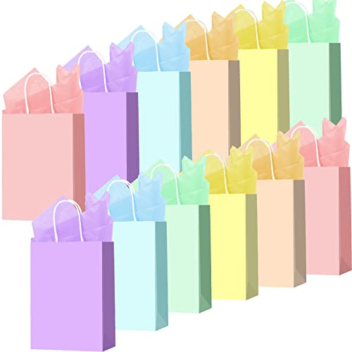 Larcenciel 12 stycken presentpåsar med 12 stycken sidenpapper, färgglada papperspåsar med handtag, regnbåge fest, presentpåsar, godispåsar för födelsedag, bröllop, babyparty, semester (liten)