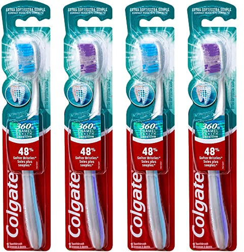 Colgate 360 Enamel Health Sensitive Toothbrush, Compact Head, Extra Soft (Colors Vary) - Pack of 4