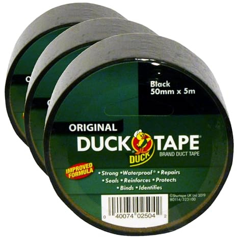 Duck Tape Original Black, Improved Formula High Strength Waterproof Gaffer and Duct Adhesive Cloth Repair Tape 50mm x 5m (Pack of 3)