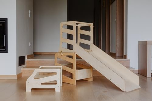 Weco Montessori Kinder Lernturm 3 in 1 Streifen Design mit Rutsche und Tritthocker FSC Zertifikat Schreibtisch Montessori Möbel Küchenhelfer klappbar Stylisch Lernturm (Klarlack)