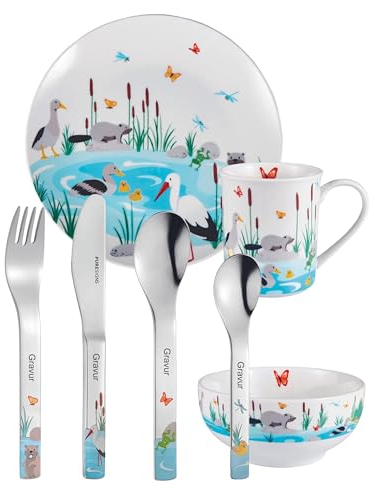 Kindergeschirr mit Kinderbesteck Set Puresigns mit Gravur - Manao - Biber, Storch, Frosch, Ente, Schmetterling - 7-teilig