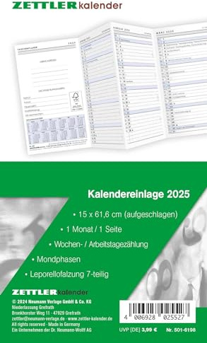 Zettler - Inserto di ricambio per calendario 2025, 8,8 x 15,2 cm, inserto di ricambio per agenda tascabile tipo 501, in confezione pellicola, 1 mese su 1 pagina, conteggio giornaliero e giorno