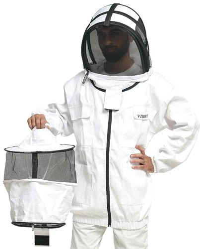 Chaqueta de apicultor de algodón Chaqueta de apicultor profesional Capucha redonda y de cerca Sombrero Chaqueta protectora antipicaduras contra avispas (Blanco, 3XL)