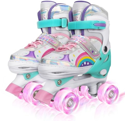 Rainbow Patins à roulettes pour Filles Enfants avec Roues Lumineux, Réglables Rollers Skates Quad pour Filles Garçon Débutants Cadeau de Noël d'anniversaire (L (EU 36 ~ 39))