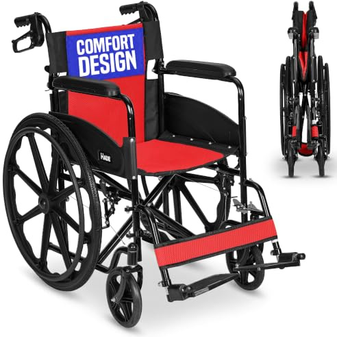 Self Propelled Wheelchair 20in Seat - Folding Lightweight Transit, Red | 16kg frame, 120kg user capacity, Folds to 22cm, 24in rear wheels, Puncture proof tyres, Dual parking brakes
